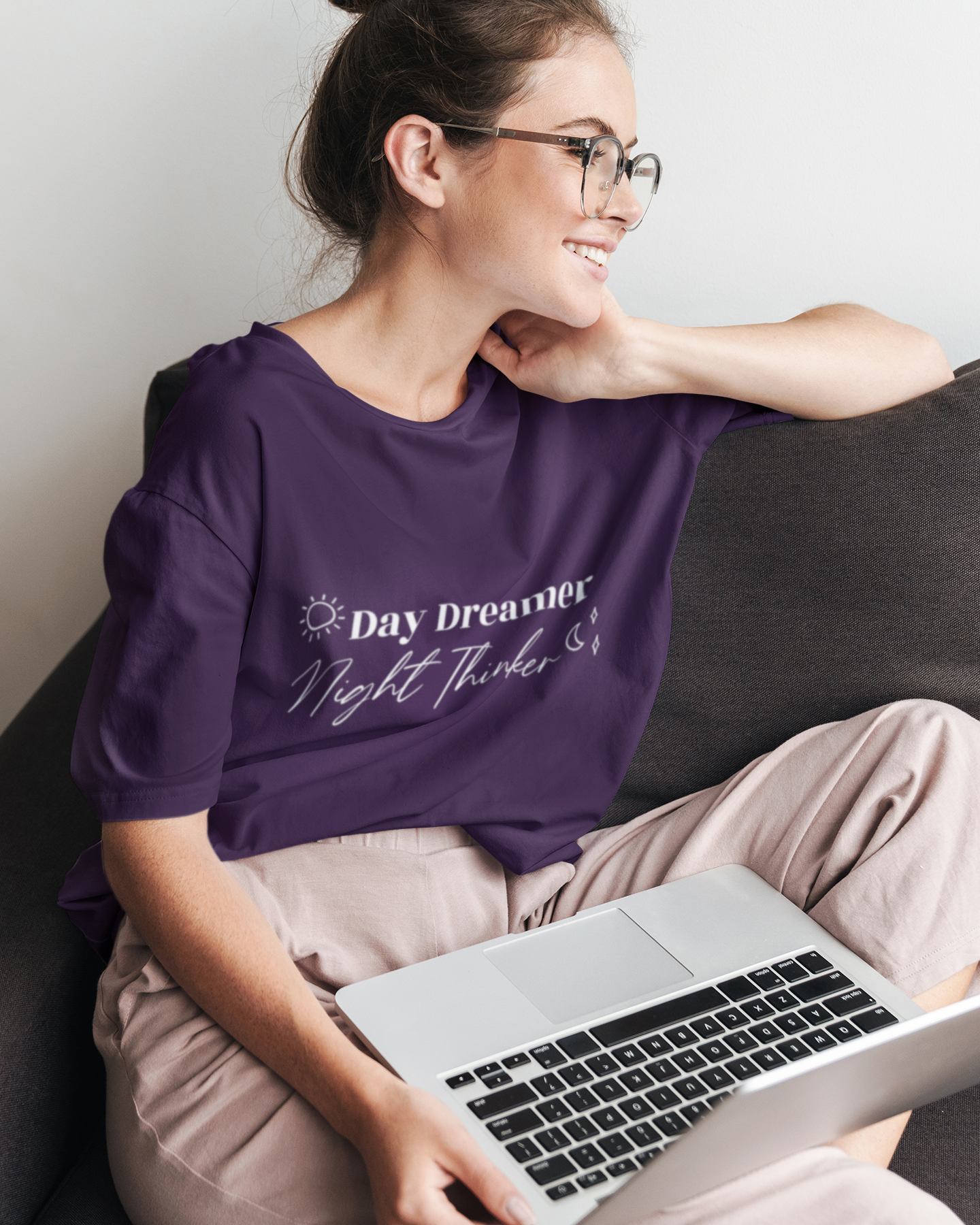Women's Purple Day Dreamer Night Thinker Oversized Printed T-Shirt