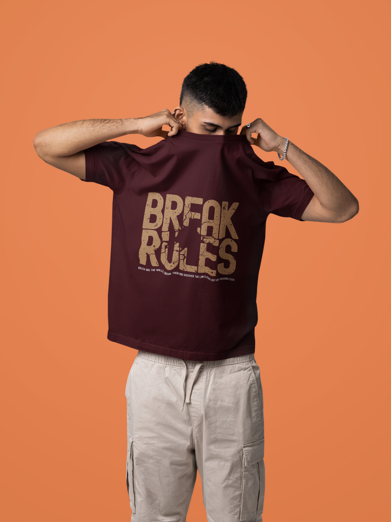 Men's Maroon Break Rules Printed Oversized T-Shirt