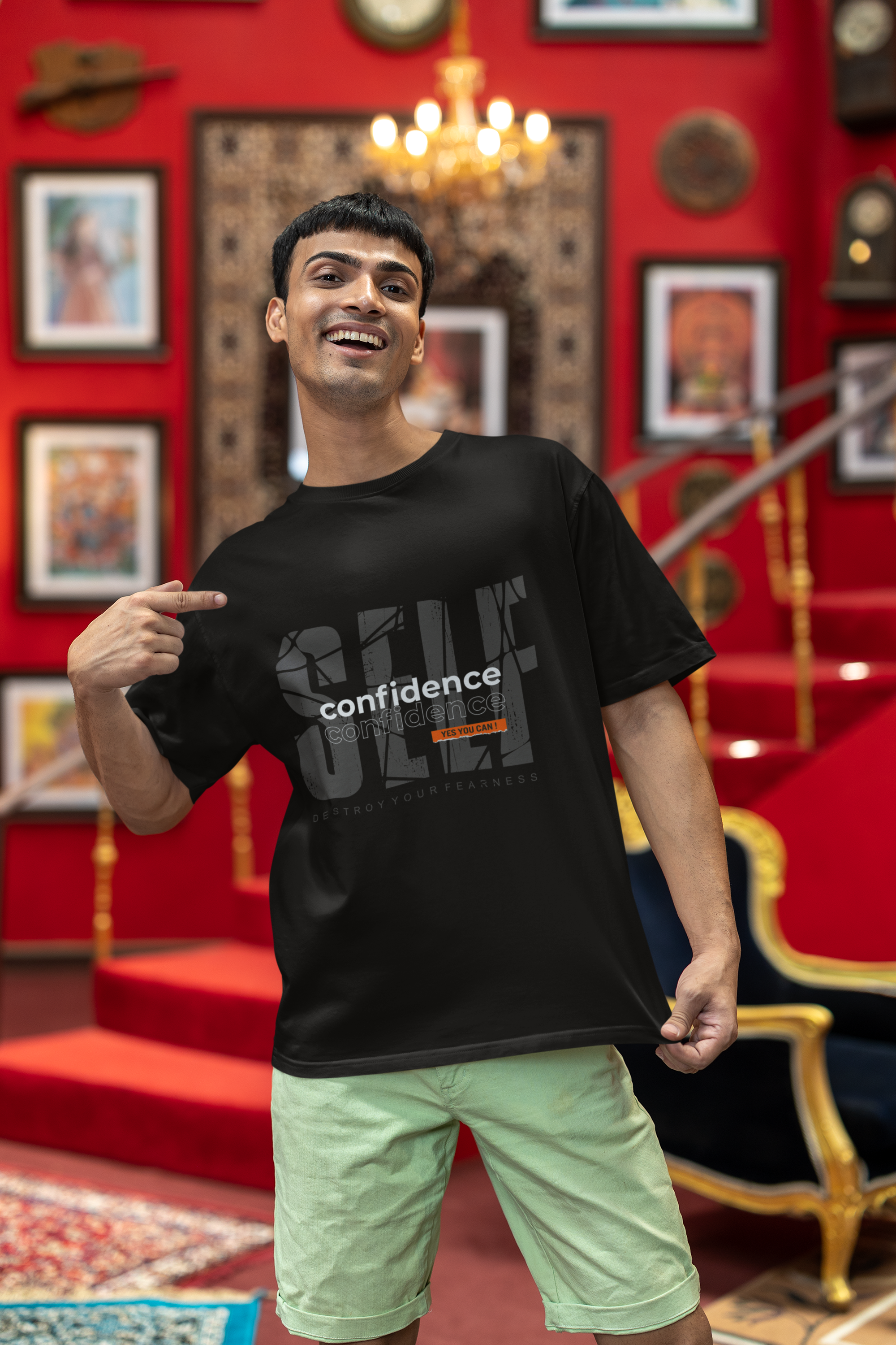 Men's Black Self Confidence Oversized Printed T-shirt