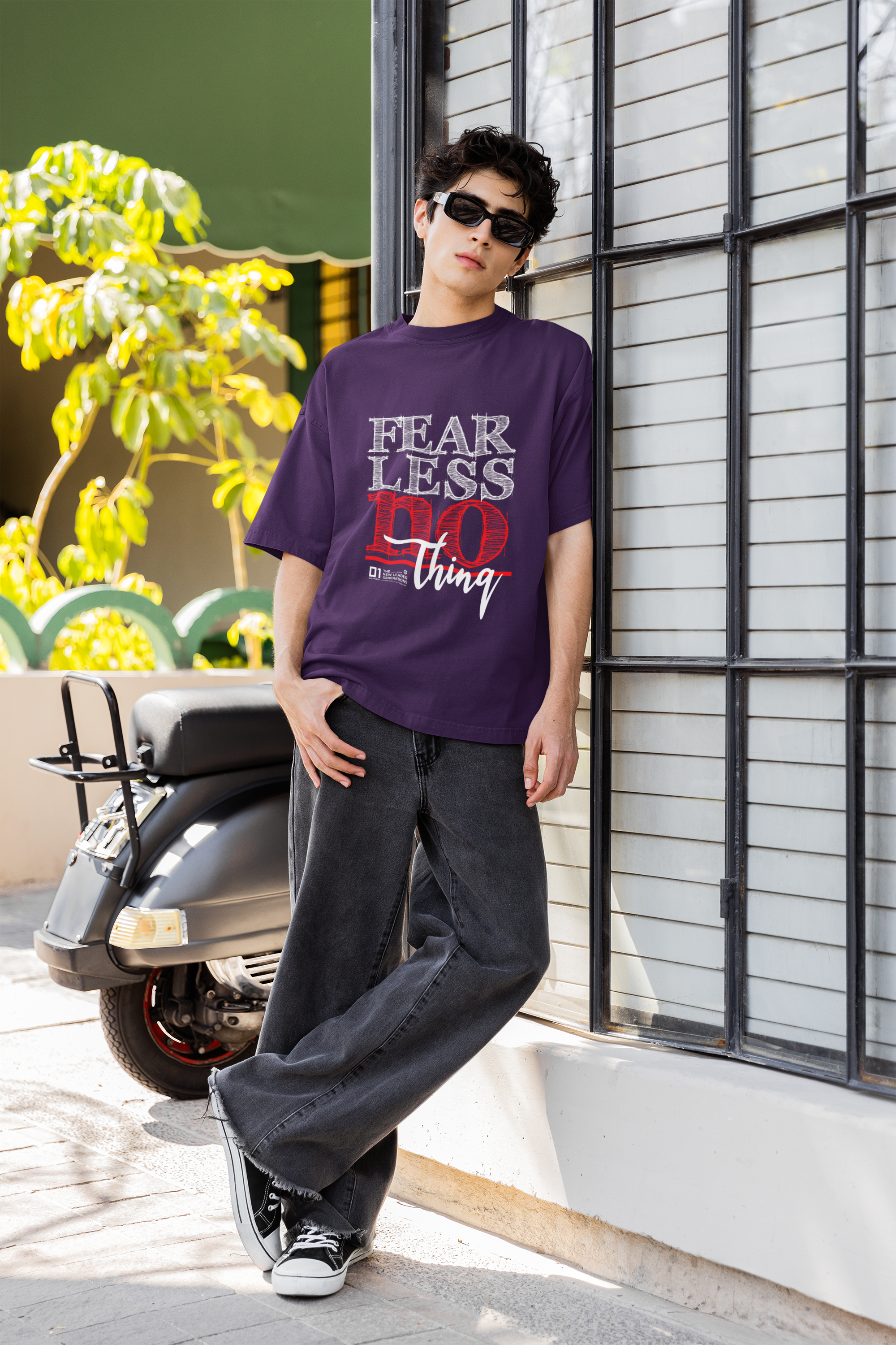 Men's Purple Fear Less Nothing Printed Oversized T-Shirt
