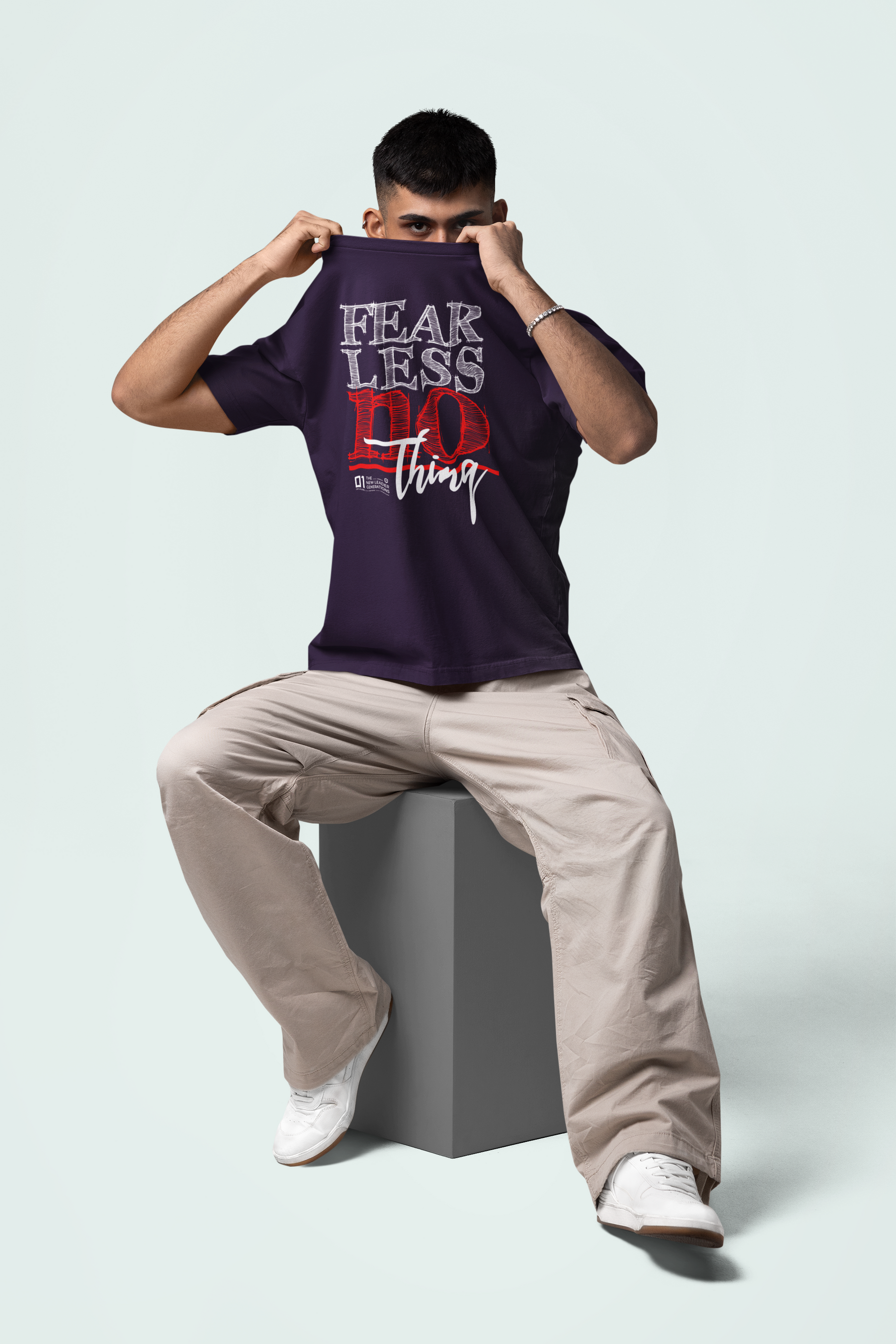 Men's Purple Fear Less Nothing Printed Oversized T-Shirt