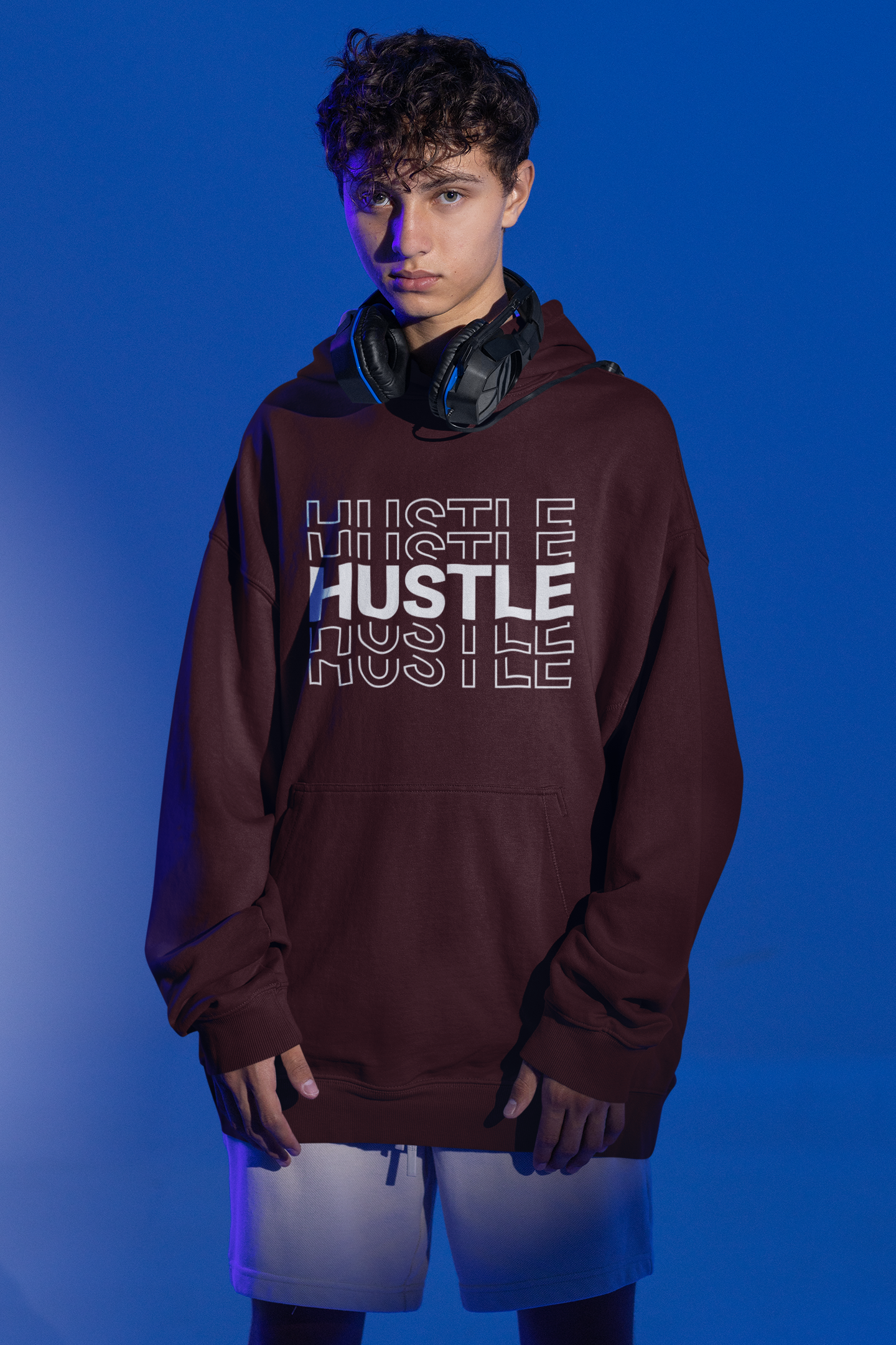 Men's Maroon Hustle Printed Oversized Hoodie
