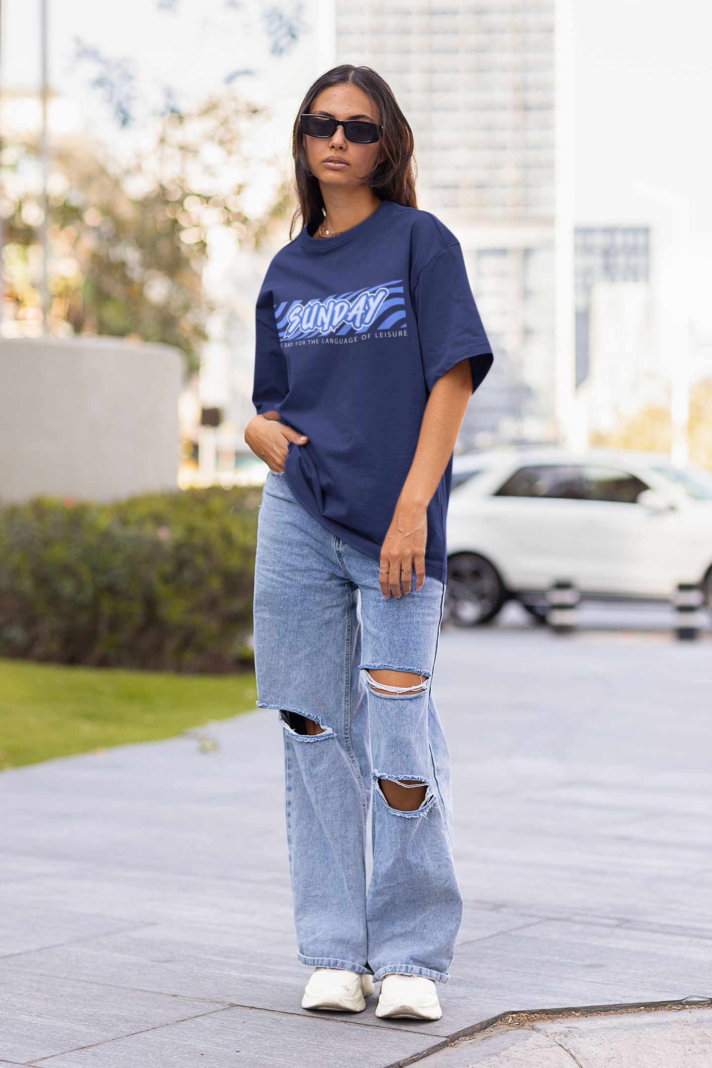 Women's Royal Blue Sunday Oversized Printed T-Shirt