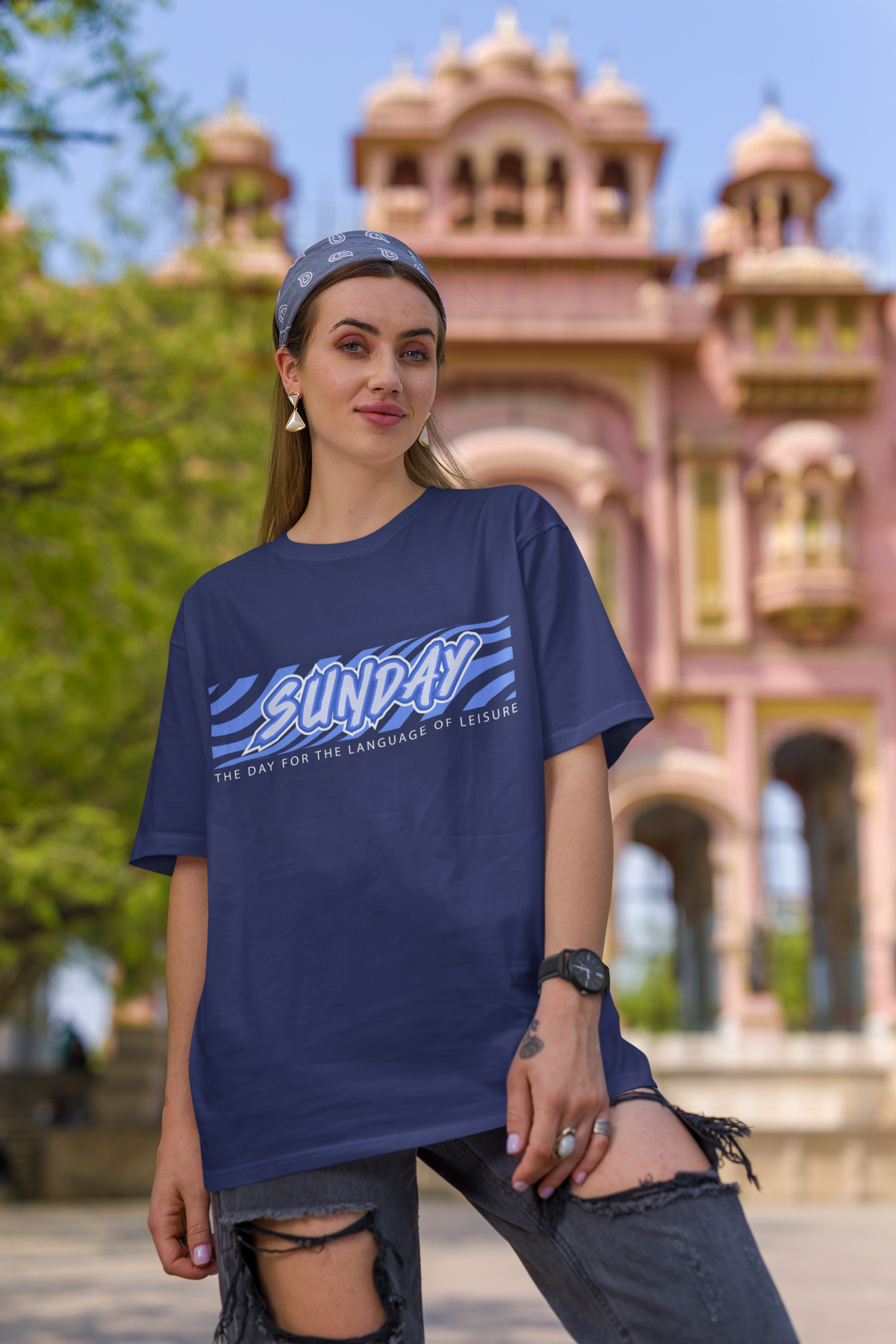 Women's Royal Blue Sunday Oversized Printed T-Shirt