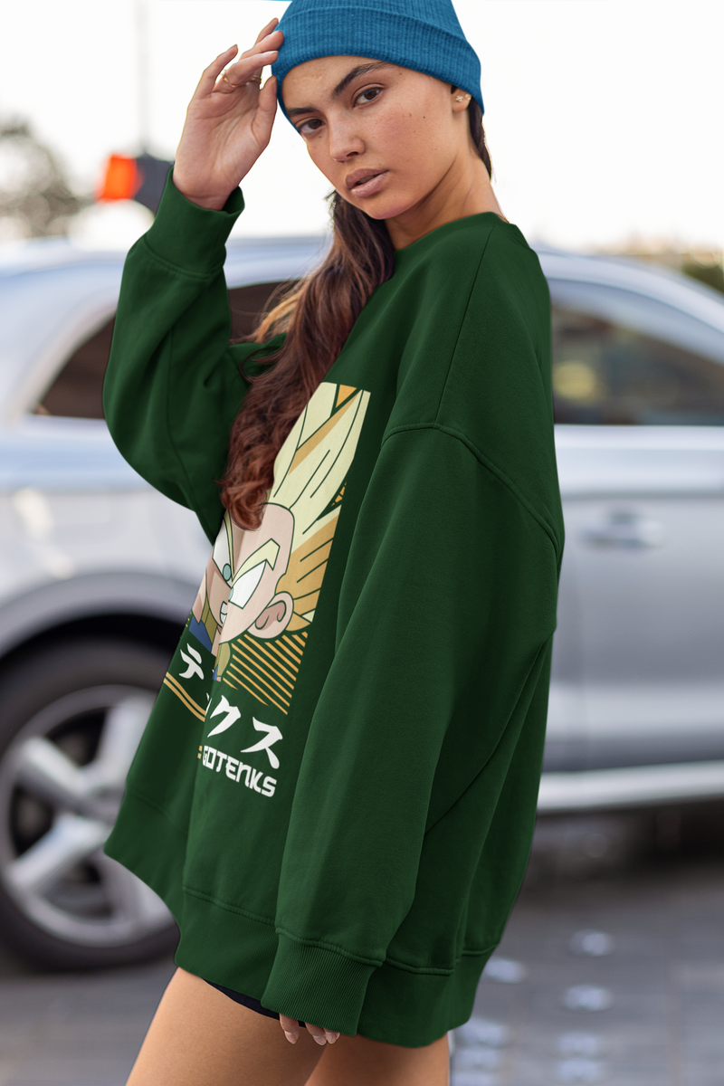 Women's Bottle Green Dragon Ball Special Oversized Printed Sweatshirt