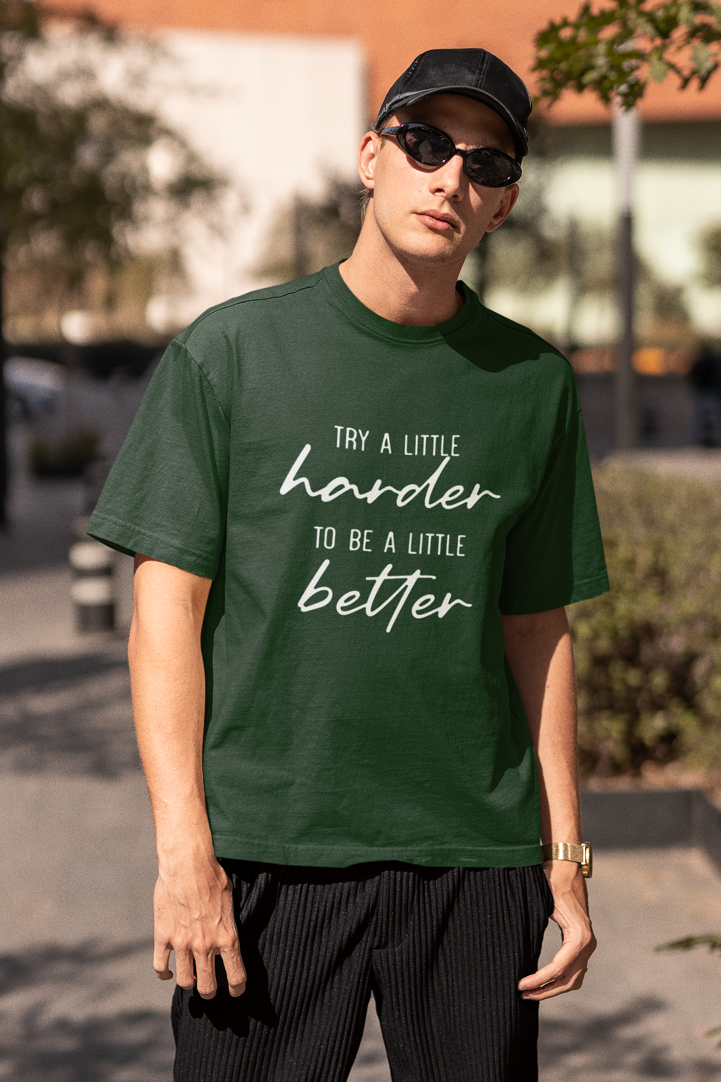 Men's Bottle Green Try A Little Harder Oversized Printed T-shirt