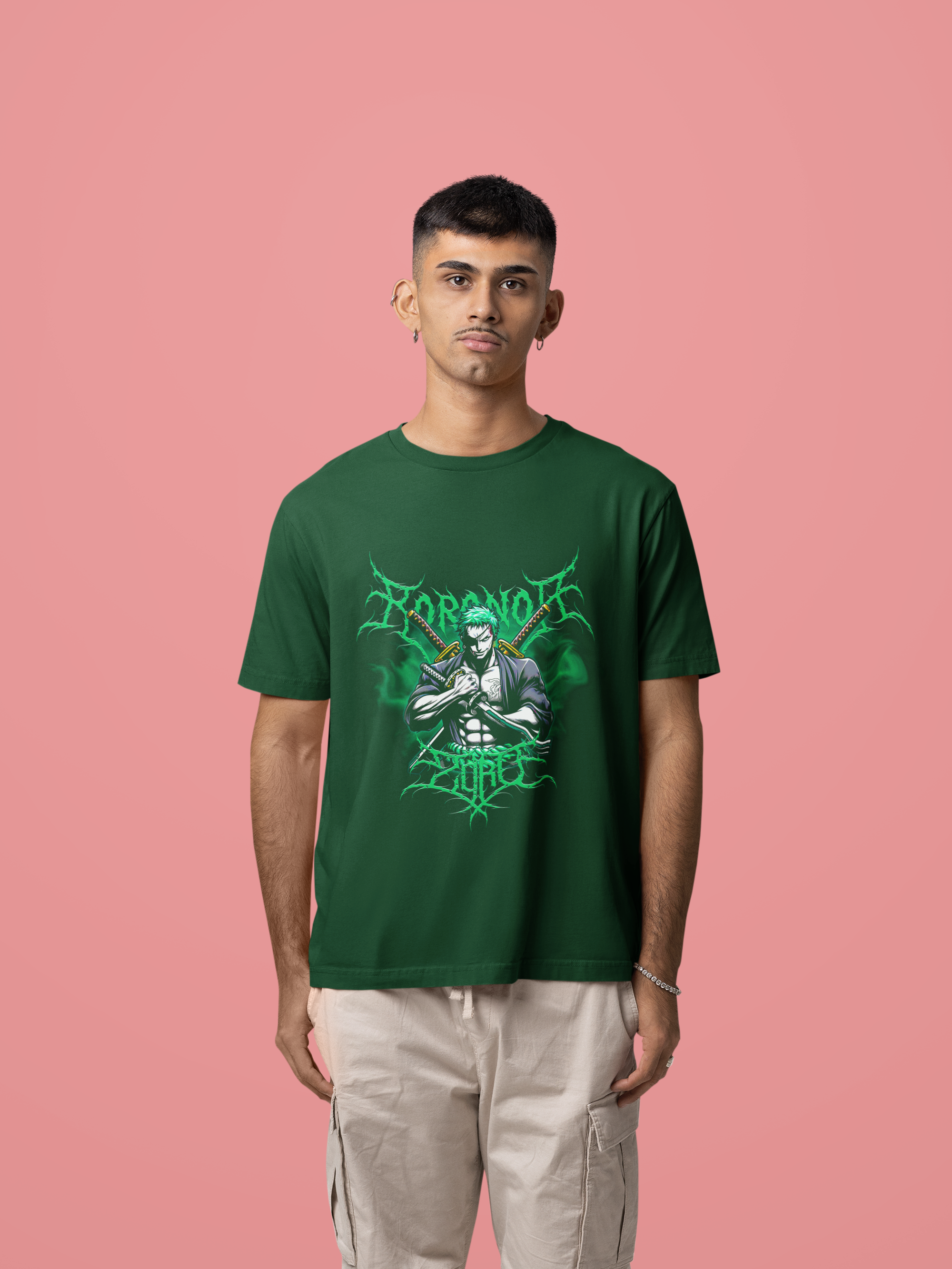 Men's Bottle Green Zoro Anime Special Oversized Printed T-Shirt
