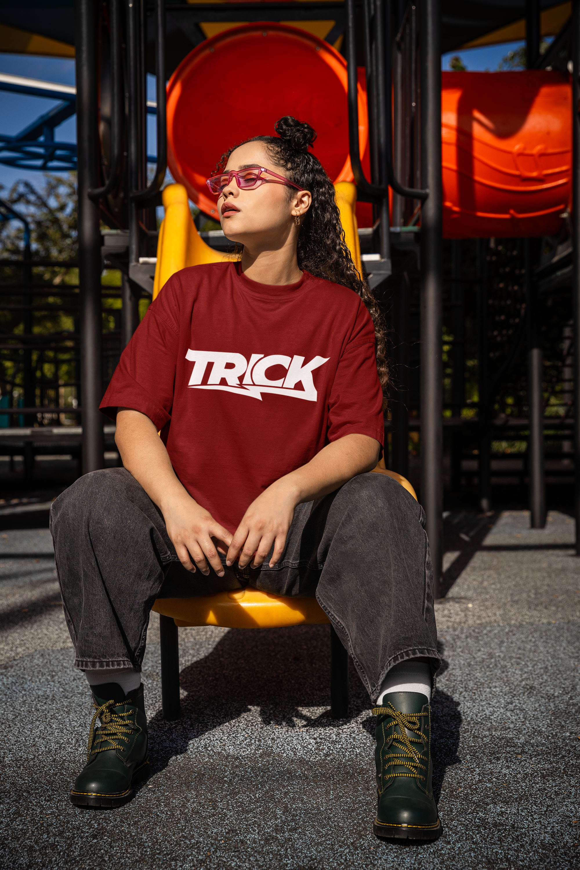 Women's Red Trick Oversized Printed T-Shirt