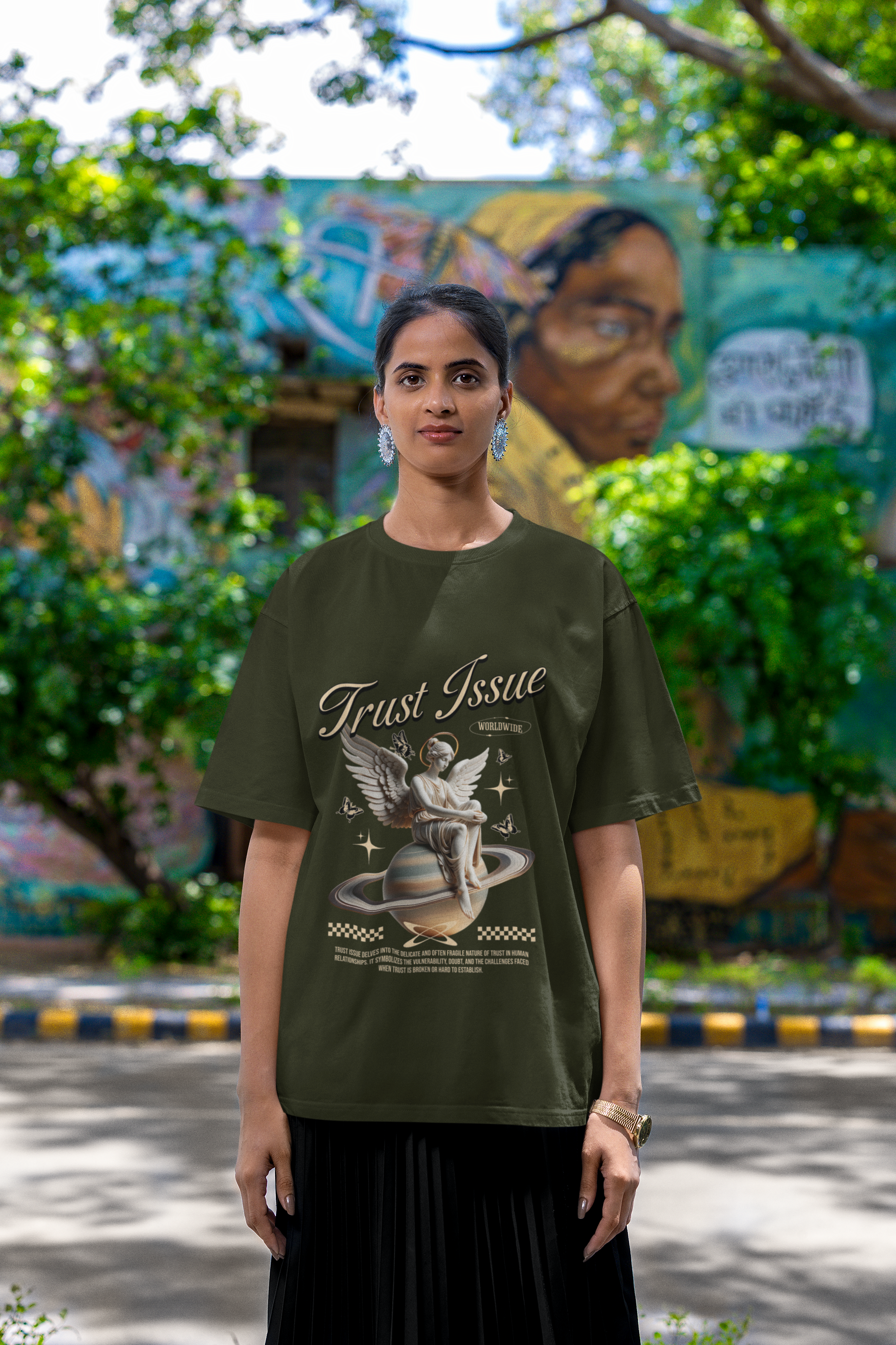 Women's Olive Green Trust Issue Oversized Printed T-Shirt