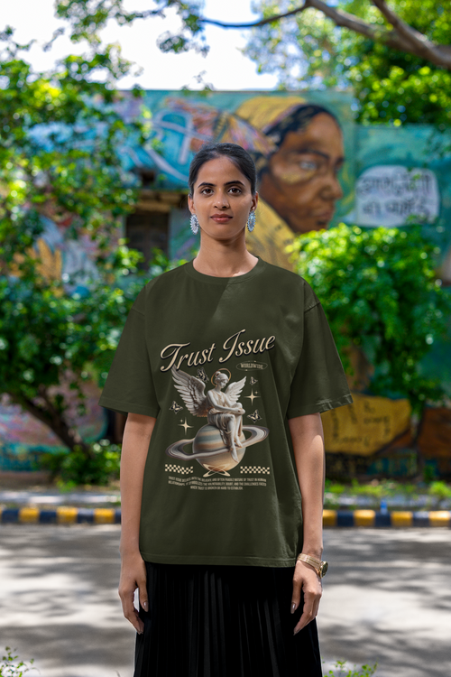 Women's Olive Green Trust Issue Oversized Printed T-Shirt