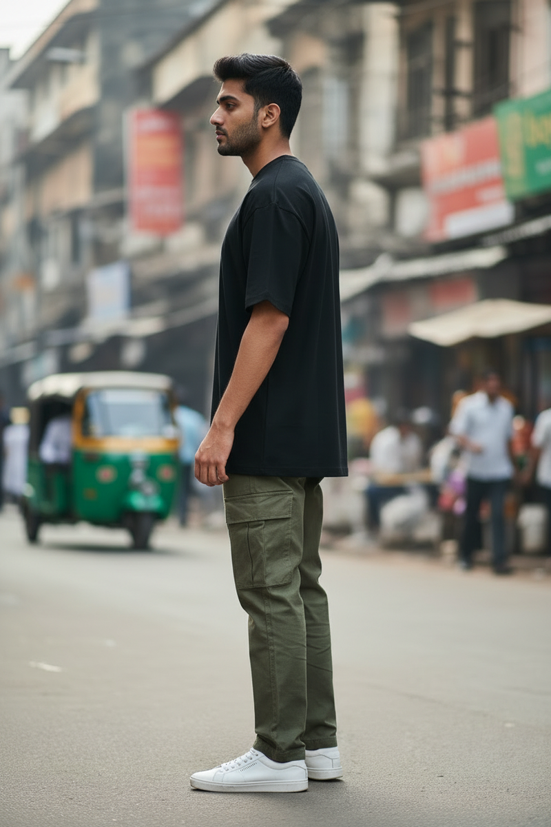 Plain Black Tee Left Side View Mockup