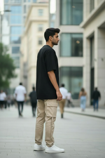 Plain Navy Blue Oversized Tee Side View Model Mockup