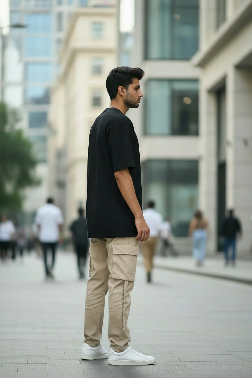 Plain Navy Blue Oversized Tee Side View Model Mockup