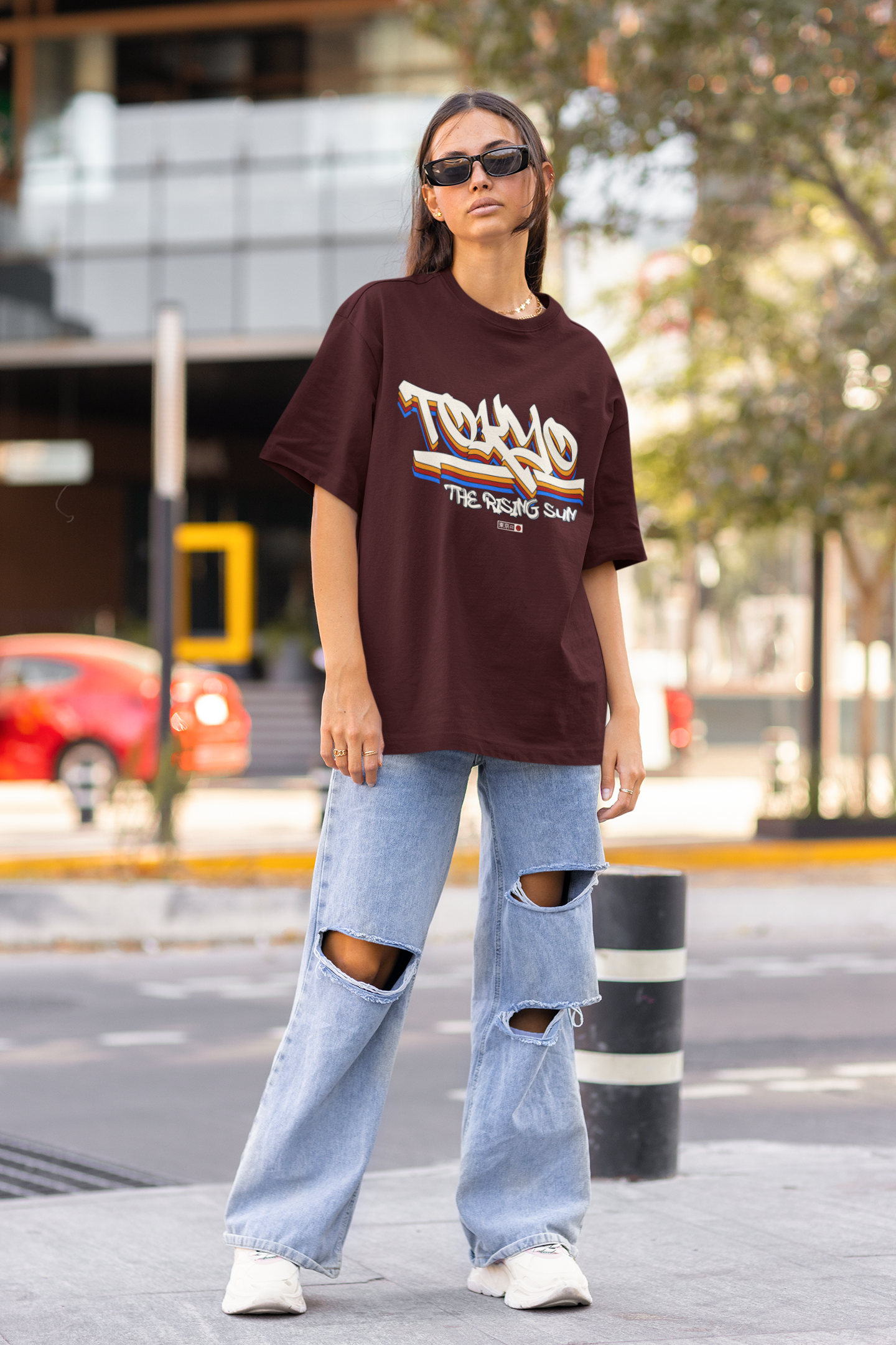 Women's Maroon The Rising Sun Oversized Printed T-Shirt