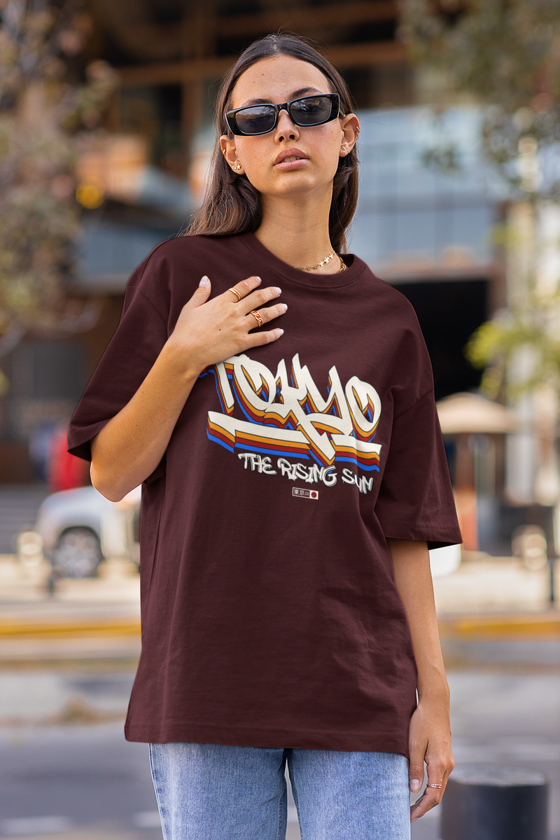 Women's Maroon The Rising Sun Oversized Printed T-Shirt
