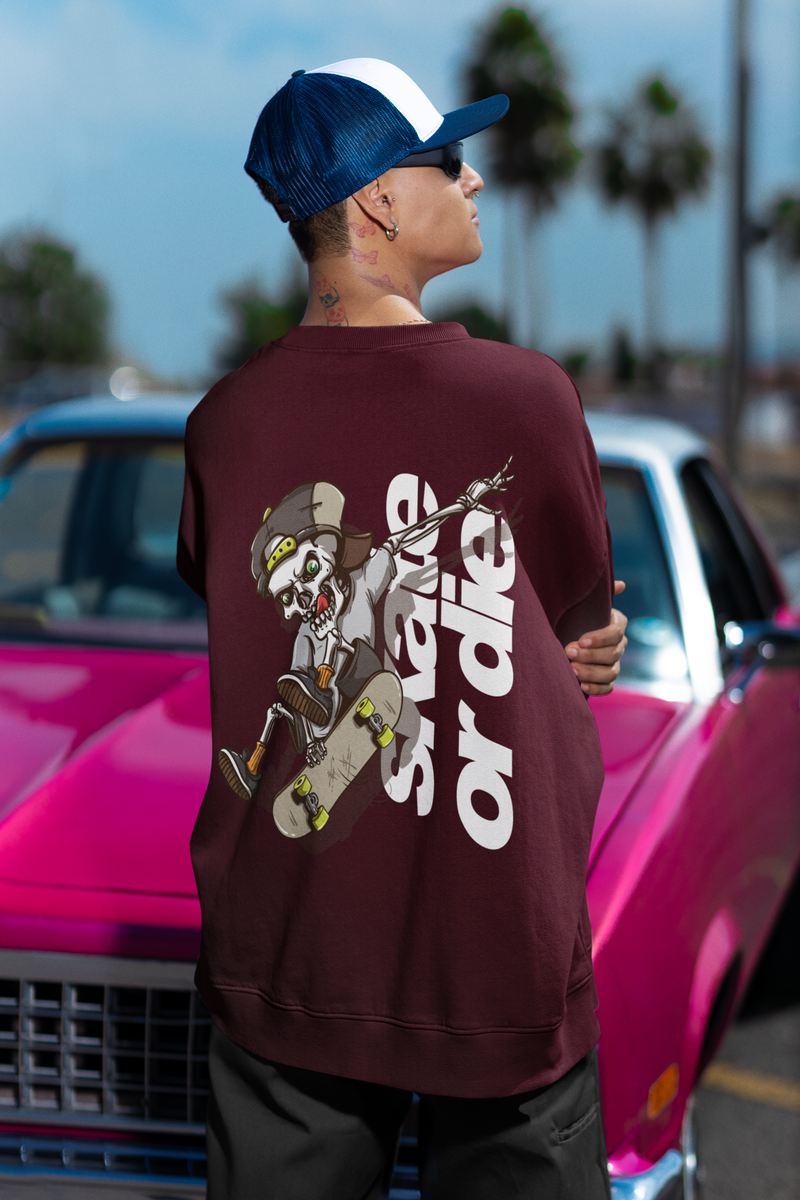 Men's Maroon Skate or Die Printed Oversized Sweatshirt