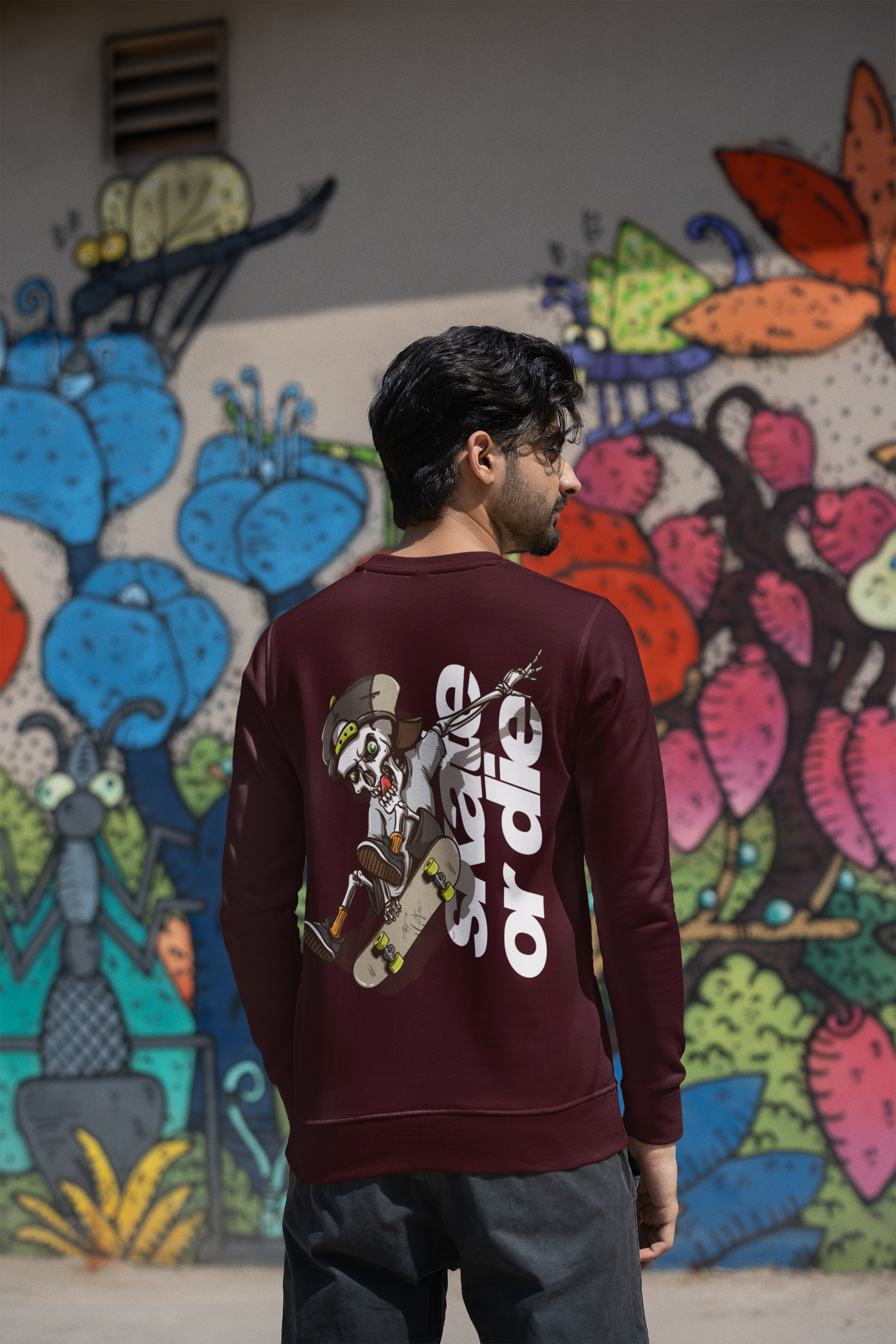 Men's Maroon Skate or Die Printed Oversized Sweatshirt