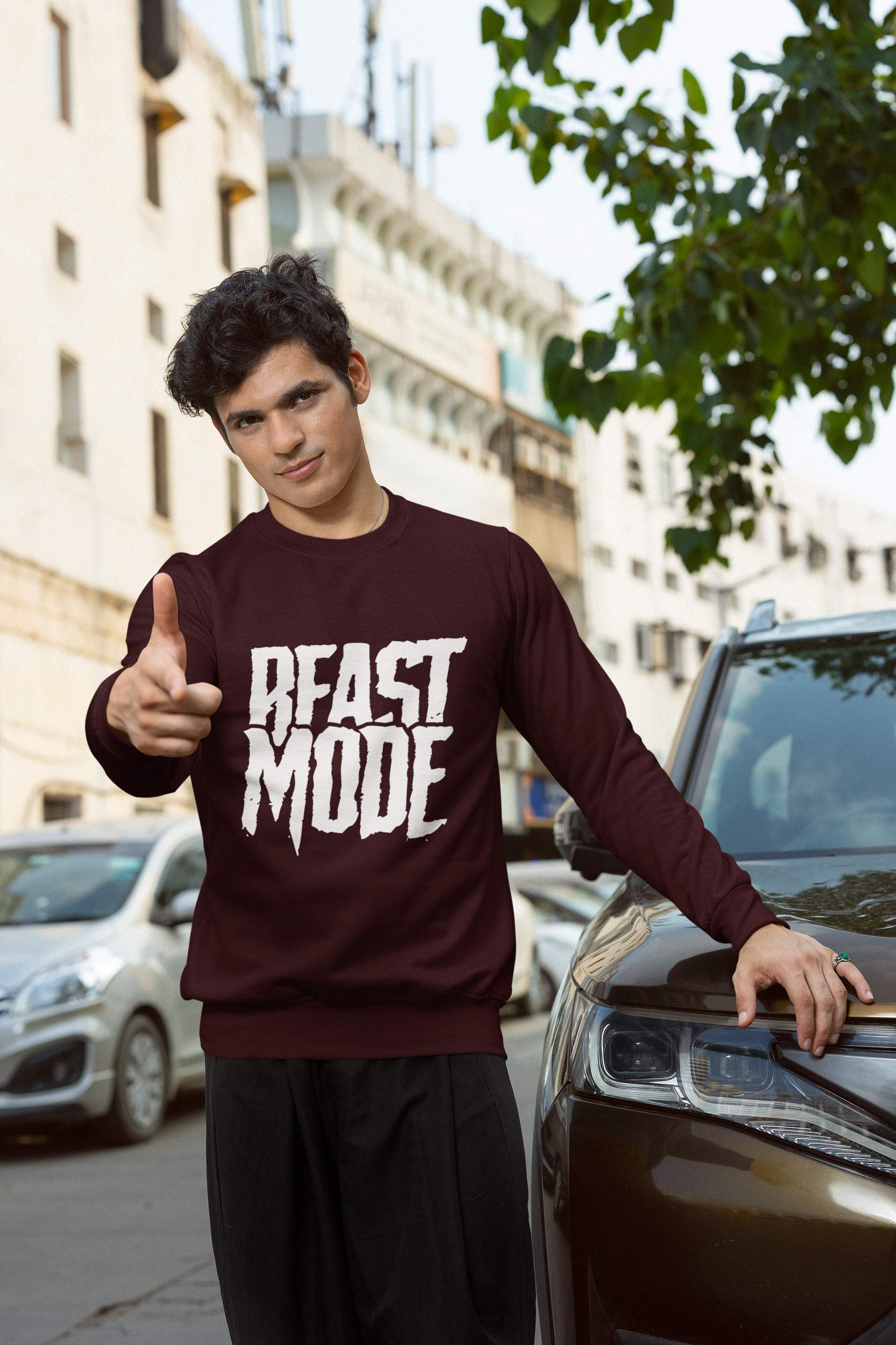 Men's Maroon Beast Mode Graphic Printed Sweatshirt