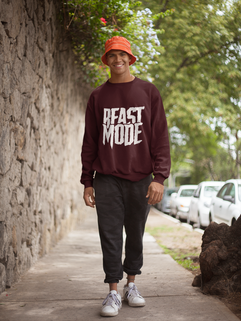Men's Maroon Beast Mode Graphic Printed Sweatshirt