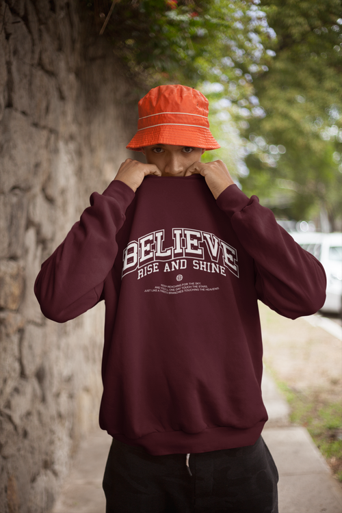 Men's Maroon Believe Oversized Graphic Printed T-shirt