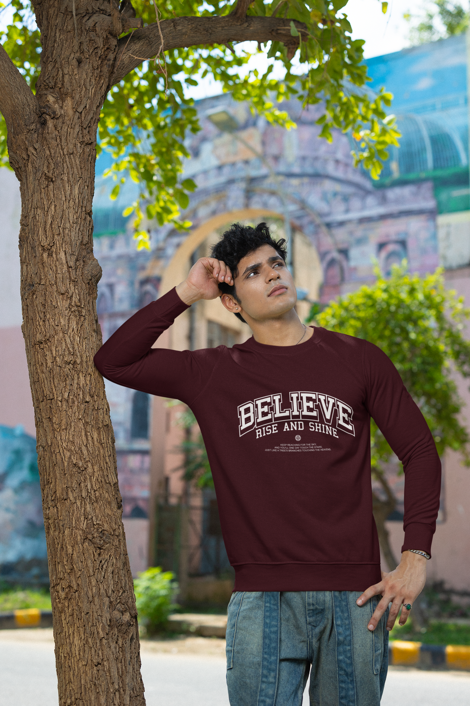Men's Maroon Believe Oversized Graphic Printed T-shirt