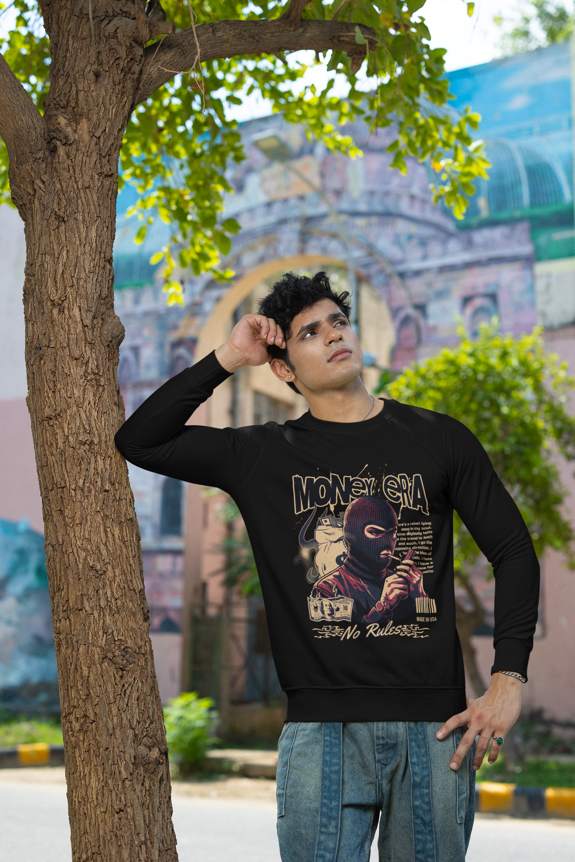 Men's Black Money Era No Rules Graphic Printed Sweatshirt