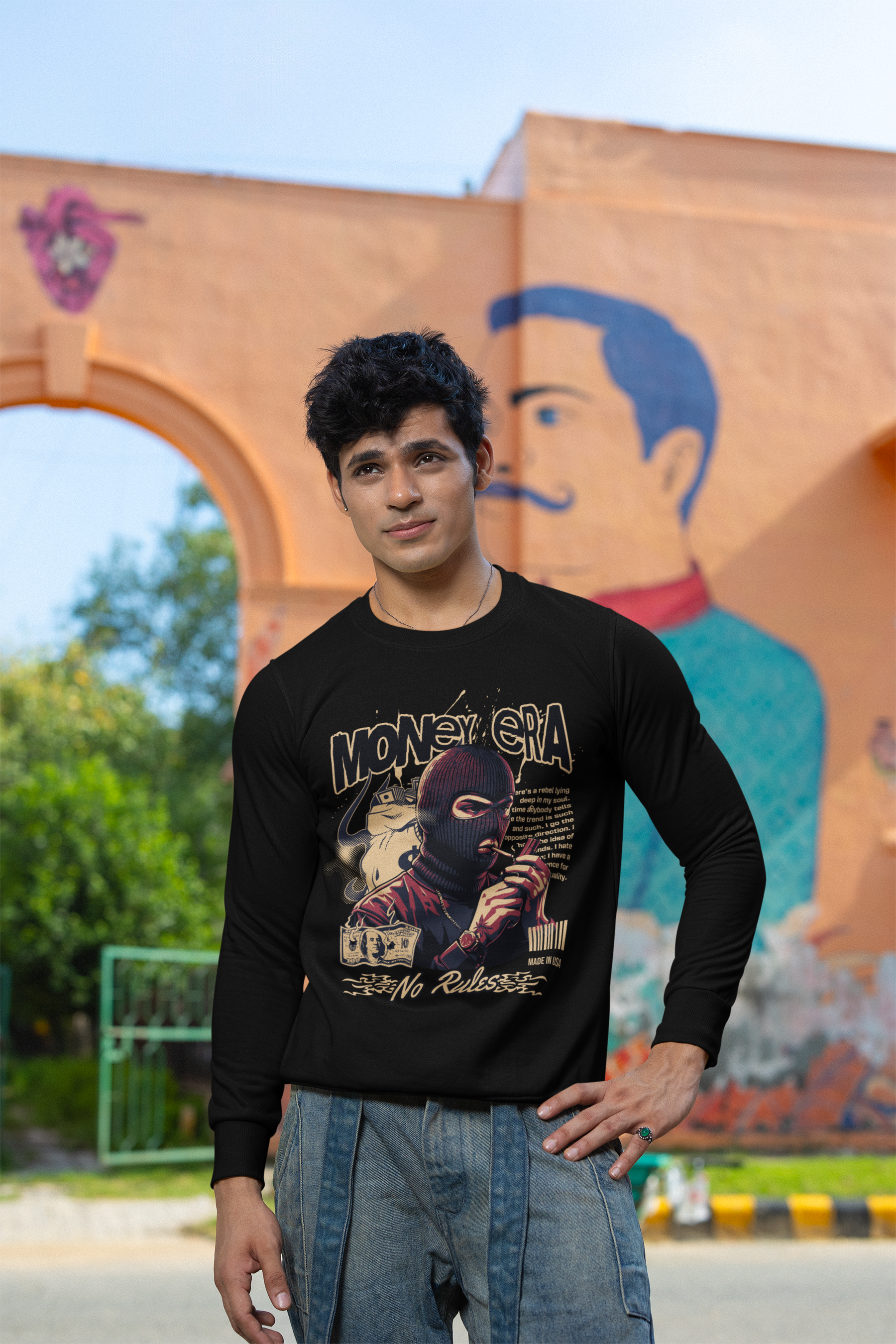 Men's Black Money Era No Rules Graphic Printed Sweatshirt