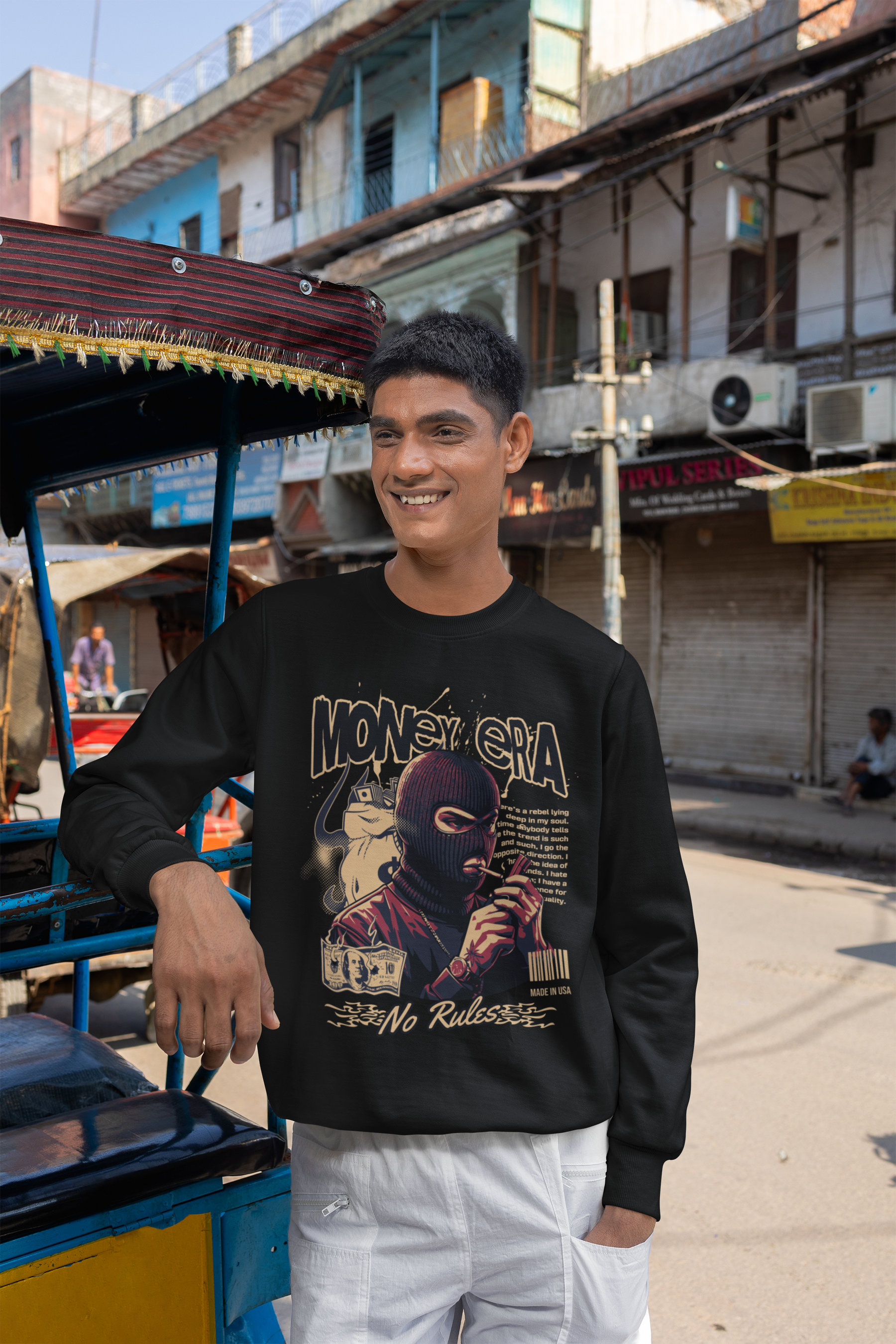 Men's Black Money Era No Rules Graphic Printed Sweatshirt