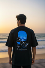 The View Black Tee Realistic Ocean Sunset Background