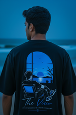 The View Navy Blue Tee Graphic Focus Beach Background