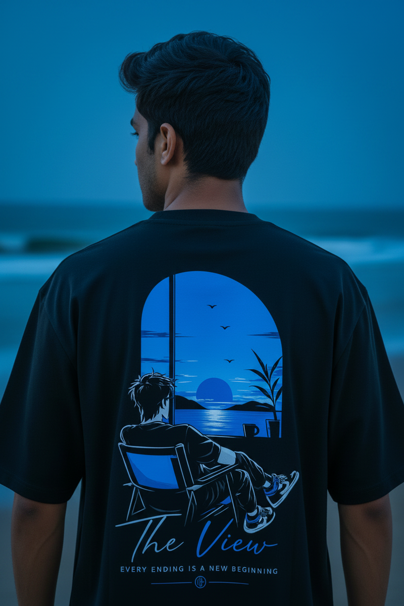 The View Navy Blue Tee Graphic Focus Beach Background