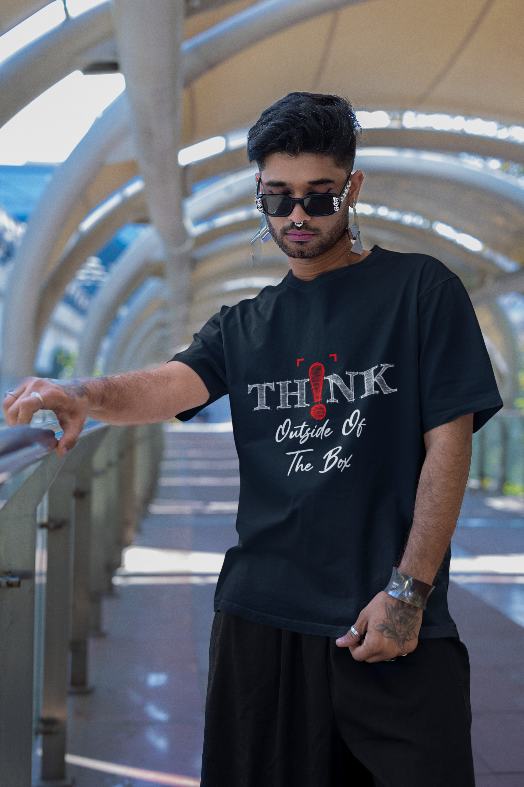 Men's Navy Blue Think Outside Of The Box Oversized Printed T-shirt