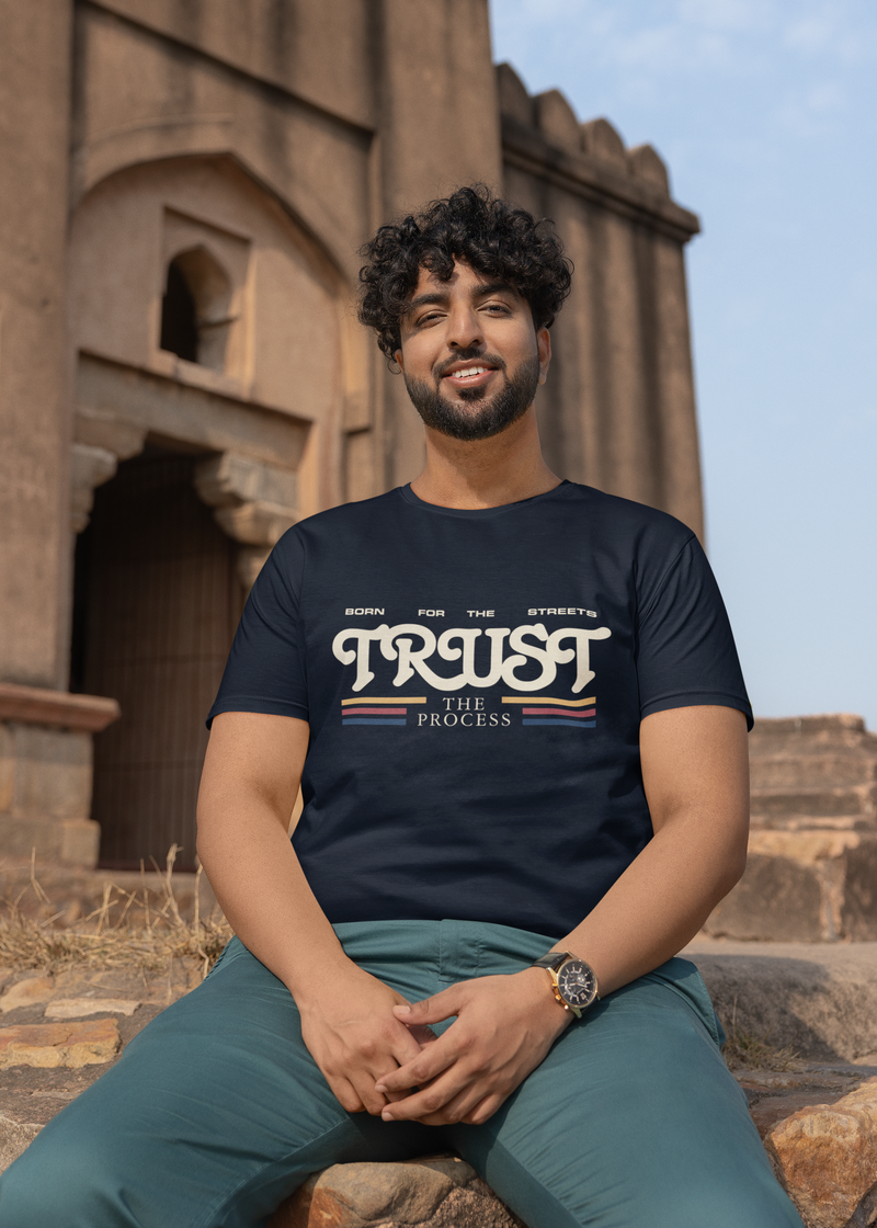 Men's Navy Blue Trust The Process Oversized Graphic Printed T-shirt