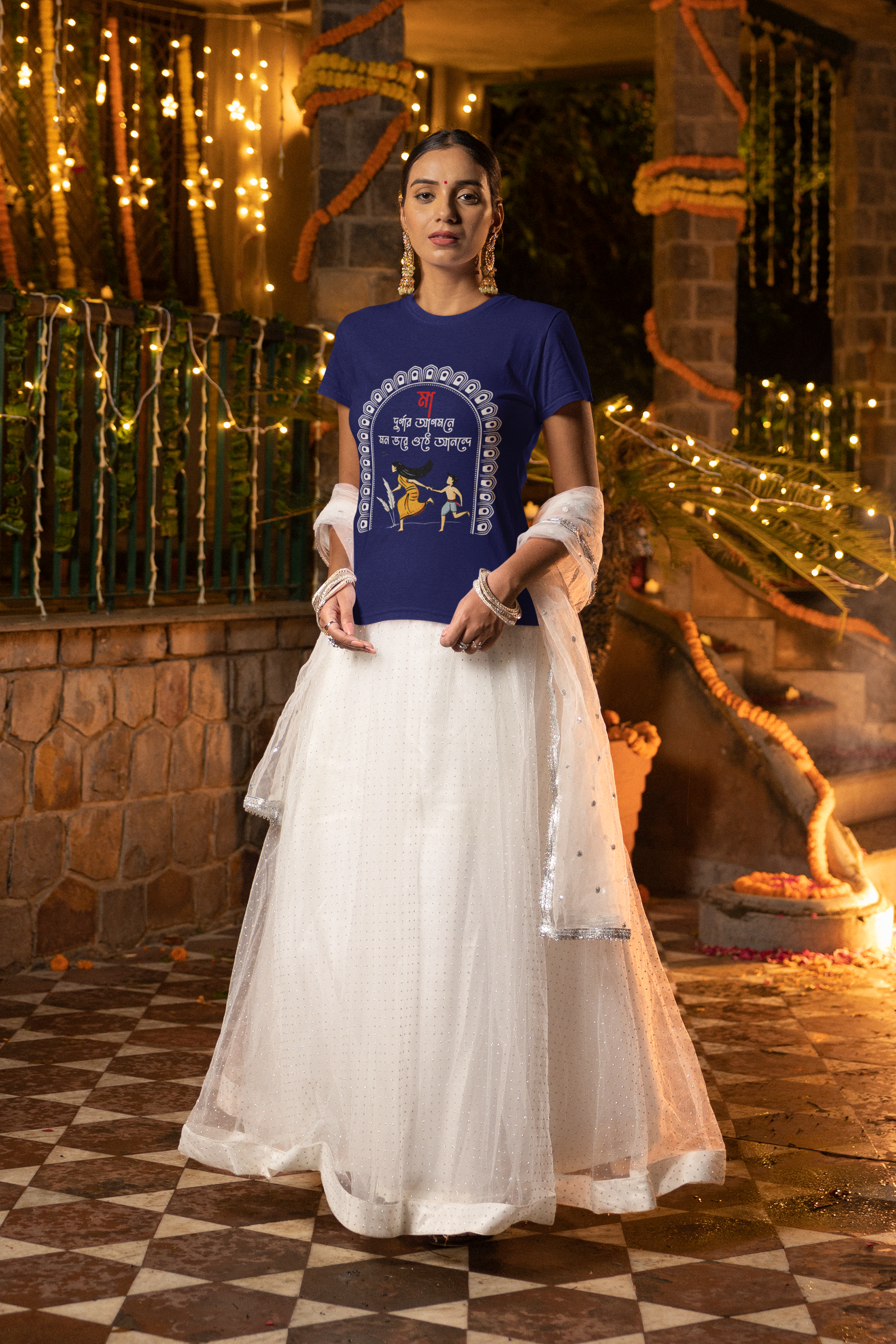 Women's Royal Blue Durga Puja Special Printed T-Shirt