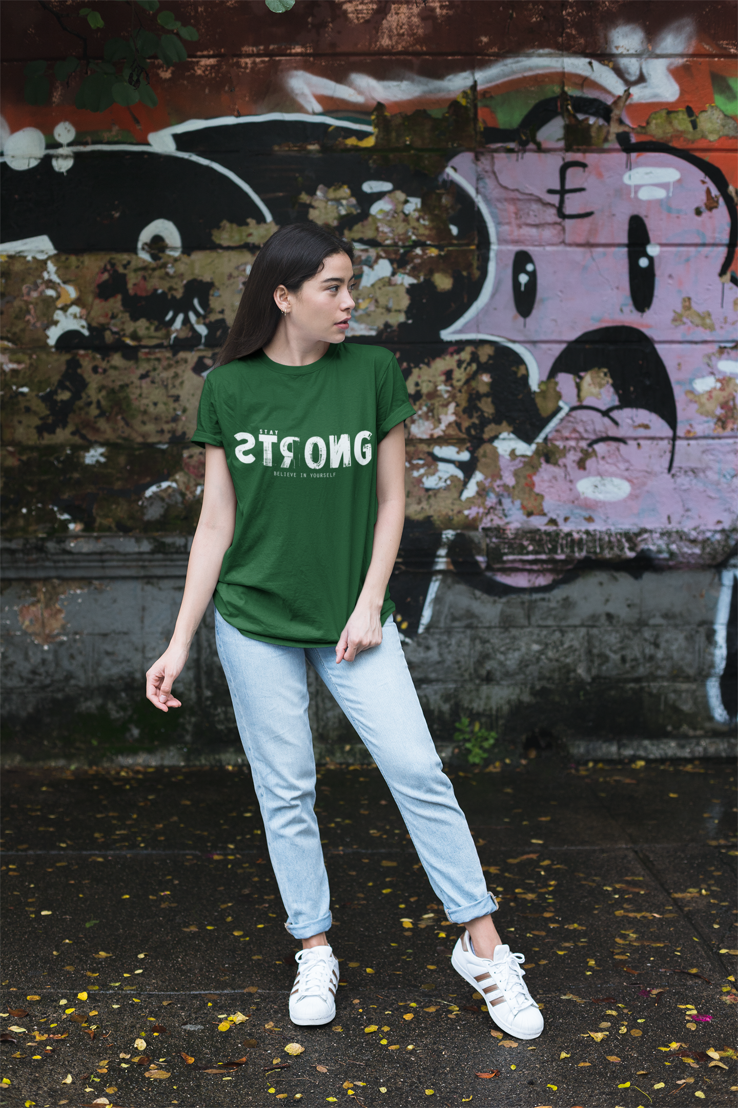 Women's Bottle Green Strong Oversized Printed T-Shirt